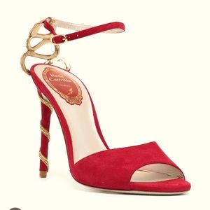 Rene’ Caovilla Red Serpent-detail 100mm suede sandals.  Women’s Size 39 1/2.